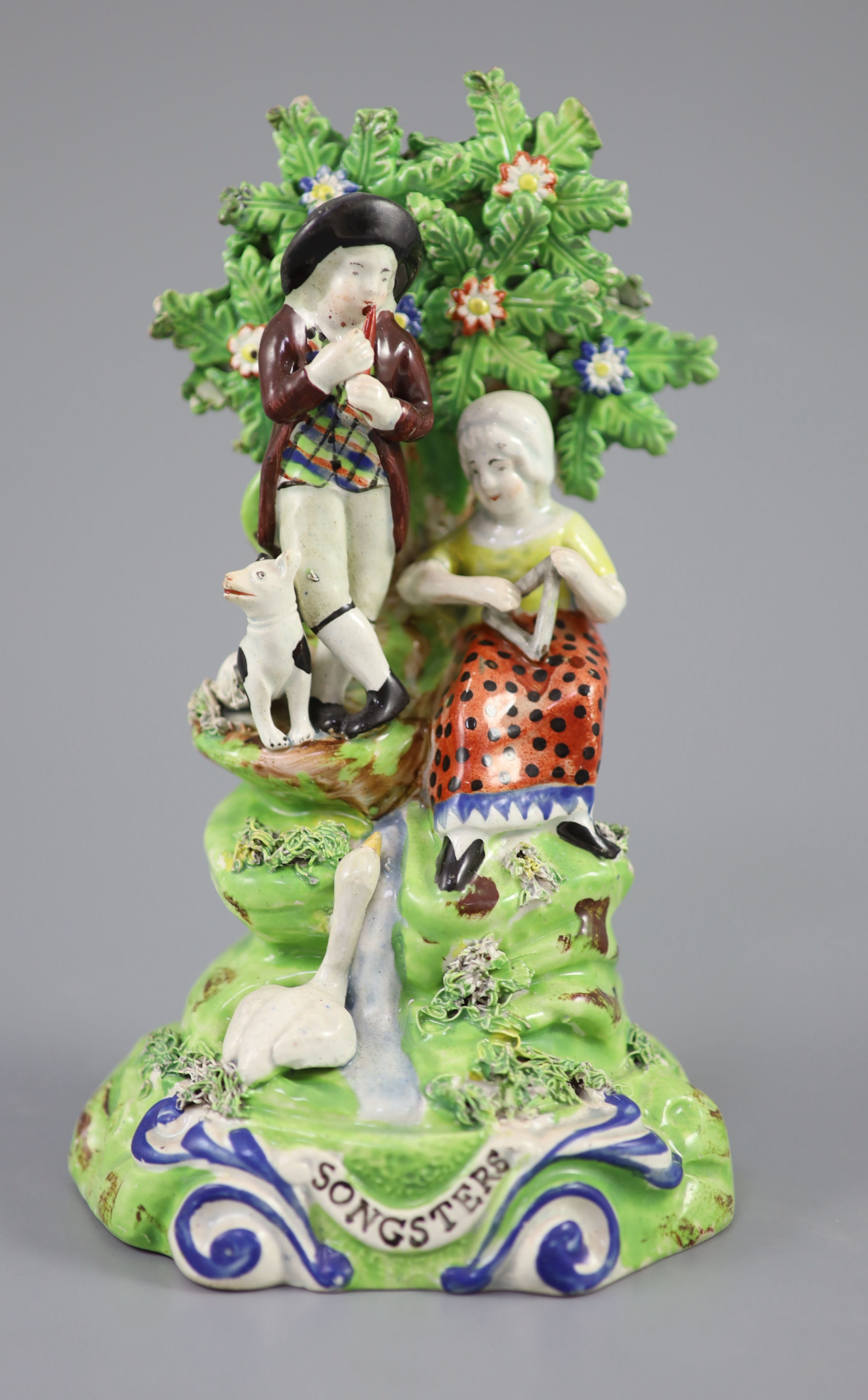 A John Walton Burslem Pearlware group Songsters, c.1815-20, 21cm high